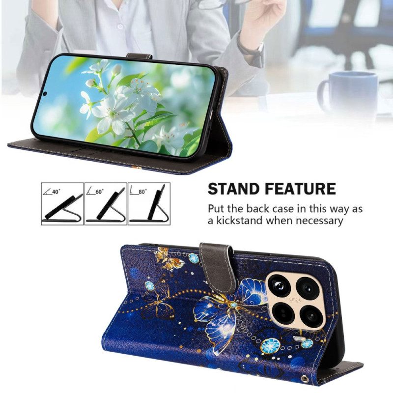 Δερματινη Θηκη Xiaomi 15t Pro Χρυσές Και Μπλε Πεταλούδες Σιλικόνης