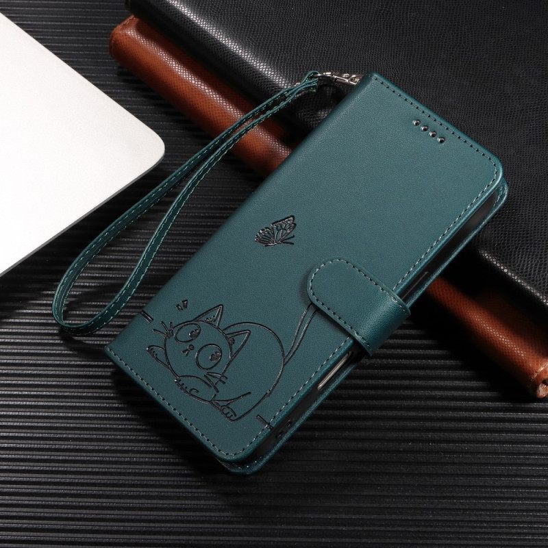 Δερματινη Θηκη Samsung Galaxy S25 Fe Εκτύπωση Γάτας Με Λουράκι