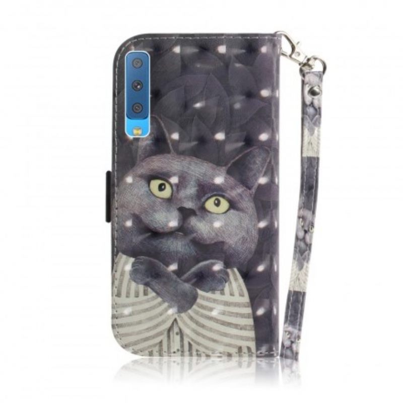 δερματινη θηκη Samsung Galaxy A7 με κορδονι Γκρι Strappy Cat