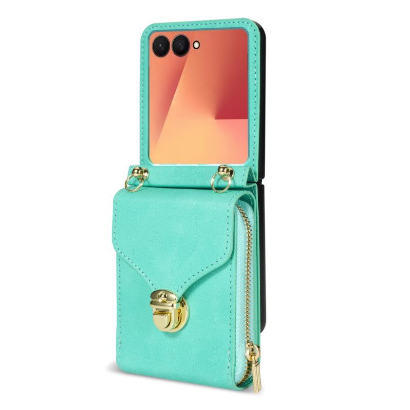 Δερματινη Θηκη Samsung Galaxy Z Flip 7 Πορτοφόλι Με Φερμουάρ Και Λουράκι Ώμου Σιλικόνης