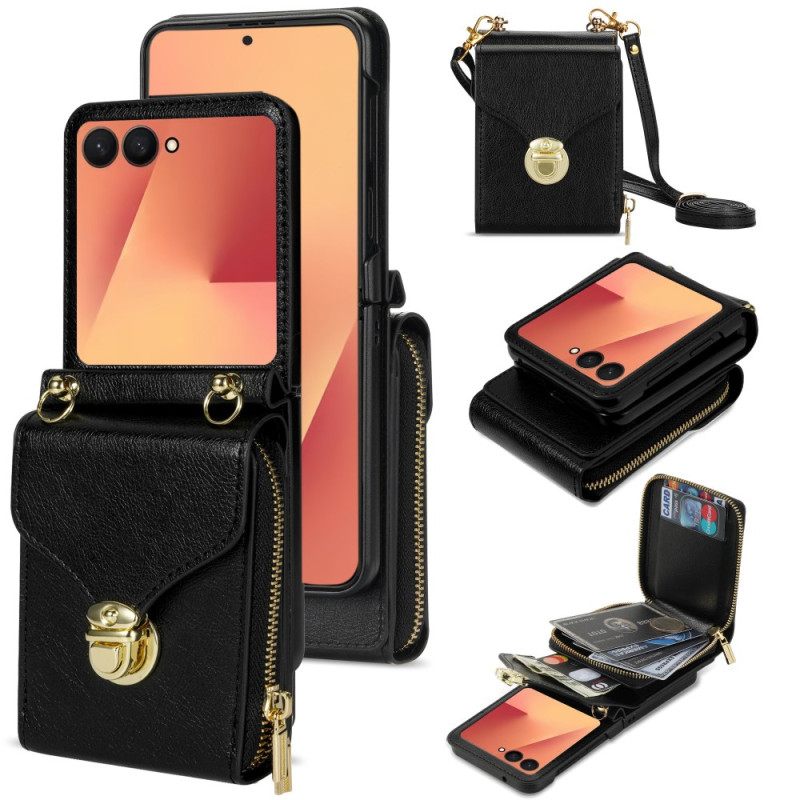 Δερματινη Θηκη Samsung Galaxy Z Flip 7 Πορτοφόλι Με Φερμουάρ Και Λουράκι Ώμου Σιλικόνης