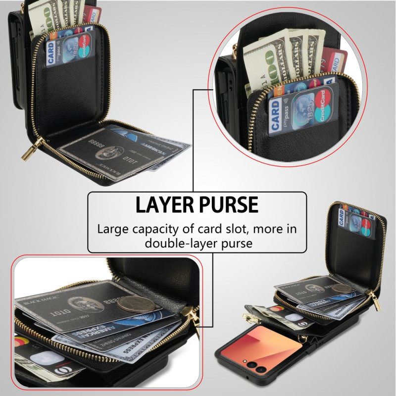 Δερματινη Θηκη Samsung Galaxy Z Flip 7 Πορτοφόλι Με Φερμουάρ Και Λουράκι Ώμου Σιλικόνης