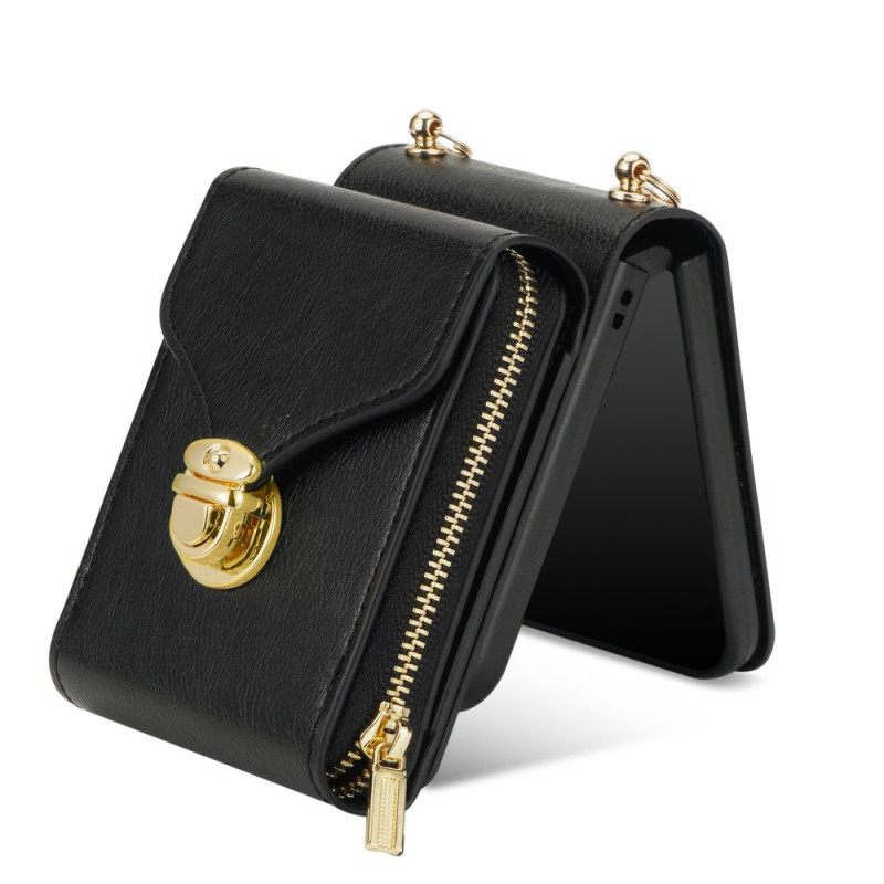 Δερματινη Θηκη Samsung Galaxy Z Flip 7 Πορτοφόλι Με Φερμουάρ Και Λουράκι Ώμου Σιλικόνης