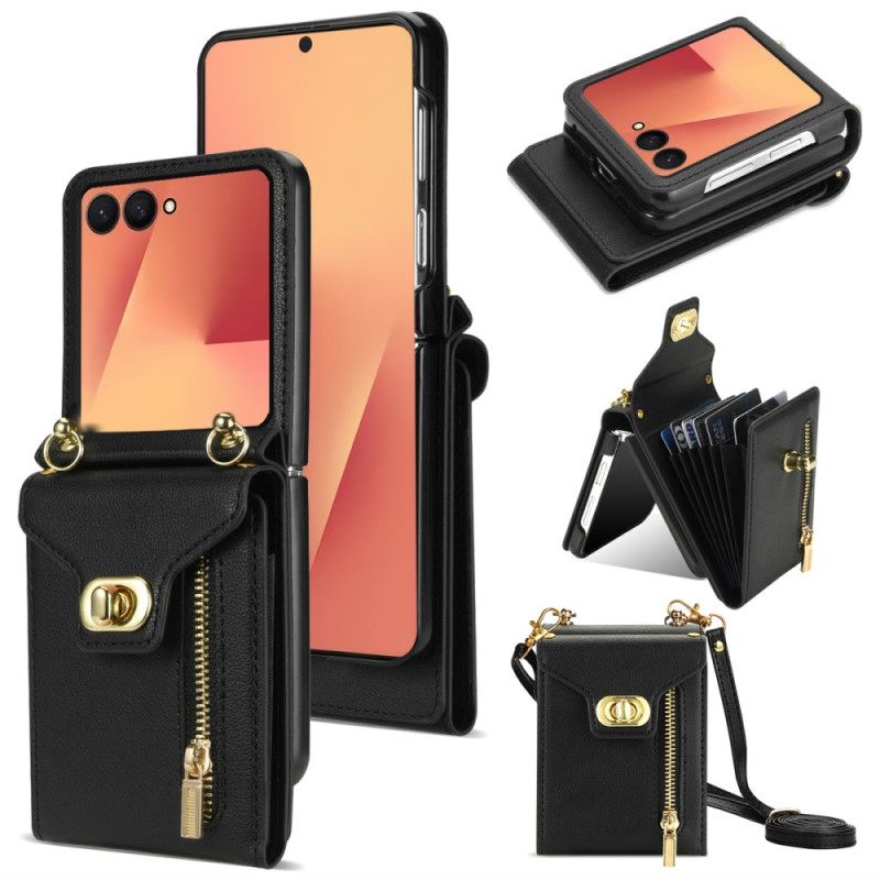 Κάλυμμα Samsung Galaxy Z Flip 7 Πορτοφόλι Με Φερμουάρ & Λουράκι Ώμου Σιλικόνης