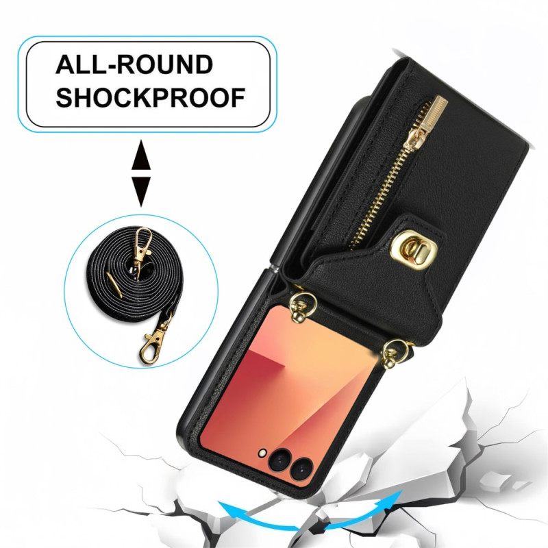 Κάλυμμα Samsung Galaxy Z Flip 7 Πορτοφόλι Με Φερμουάρ & Λουράκι Ώμου Σιλικόνης