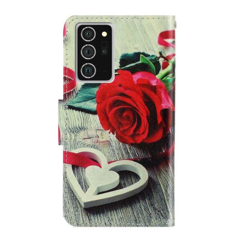 Θήκη Flip Samsung Galaxy Note 20 με κορδονι Ρομαντικό Τριαντάφυλλο Με Λουράκι
