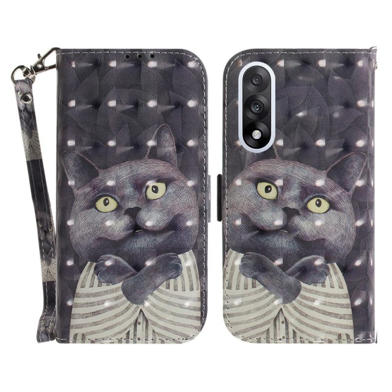 Δερματινη Θηκη Oneplus Nord 5 Γκρίζα Γάτα Με Λουράκια Σιλικόνης