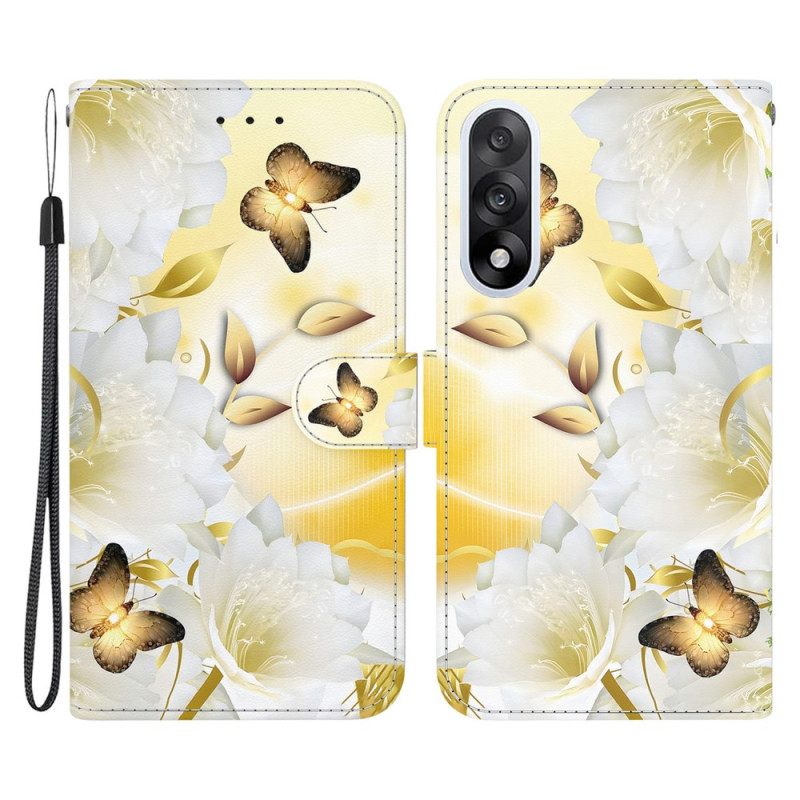 Δερματινη Θηκη Oneplus Nord 5 Χρυσές Πεταλούδες Και Λευκά Λουλούδια Σιλικόνης