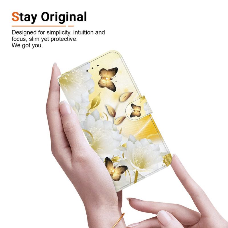 Δερματινη Θηκη Oneplus Nord 5 Χρυσές Πεταλούδες Και Λευκά Λουλούδια Σιλικόνης