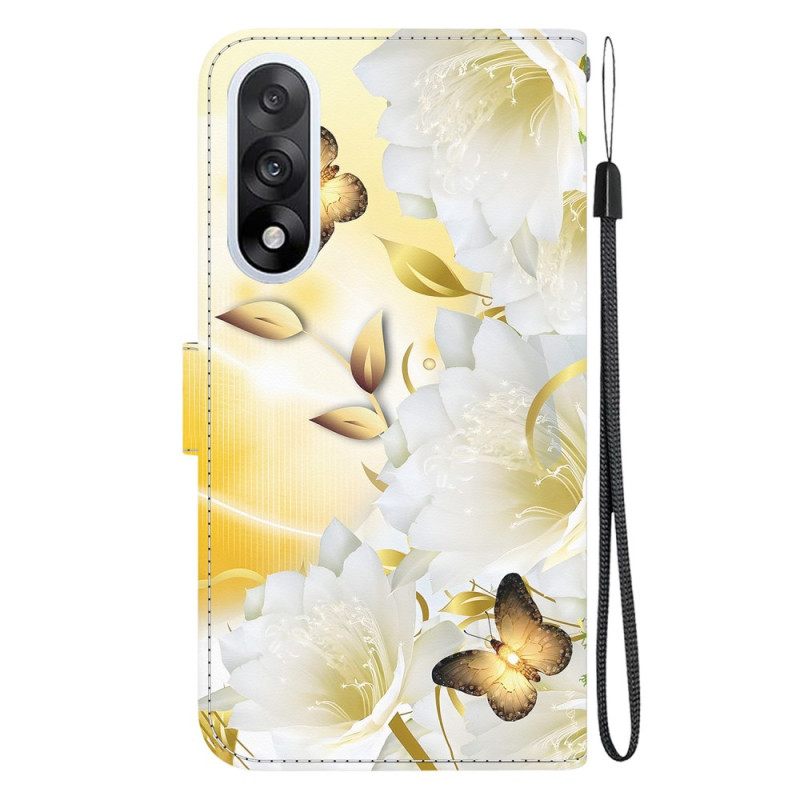 Δερματινη Θηκη Oneplus Nord 5 Χρυσές Πεταλούδες Και Λευκά Λουλούδια Σιλικόνης
