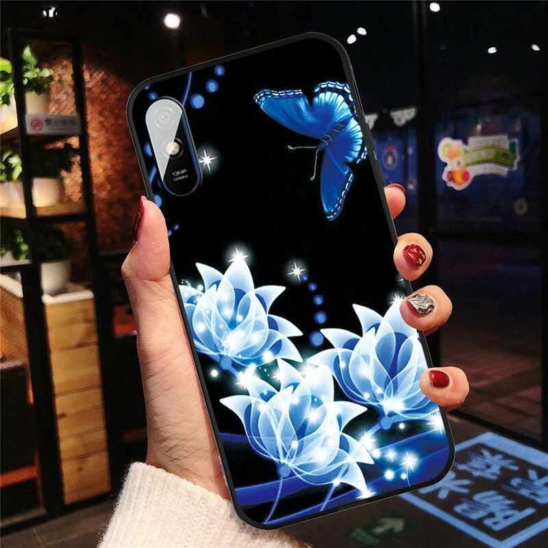 Θήκη Xiaomi Redmi 9A Πεταλούδα Και Μπλε Λουλούδια