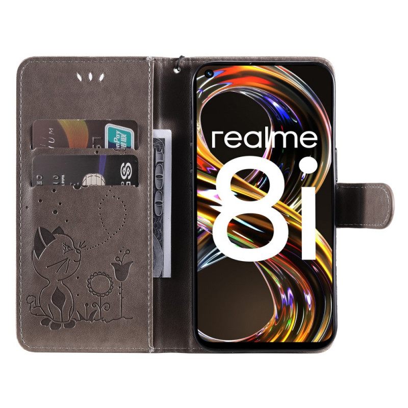 δερματινη θηκη Realme 8i με κορδονι Γάτα Και Μέλισσα Με Λουρί