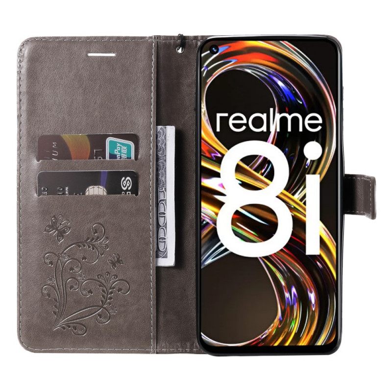 Θήκη Flip Realme 8i με κορδονι Πεταλούδες Γιγάντιες Λουρίδες