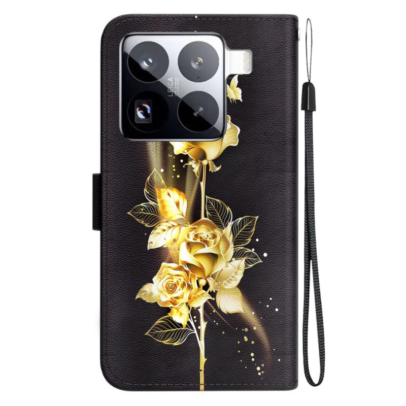 Δερματινη Θηκη Xiaomi 15 Pro Χρυσές Πεταλούδες Και Ροζ