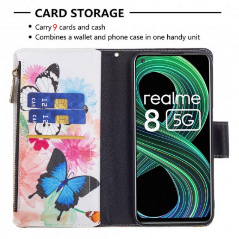 Θήκη Flip Realme 8 5G Τσέπη Με Πεταλούδες Με Φερμουάρ