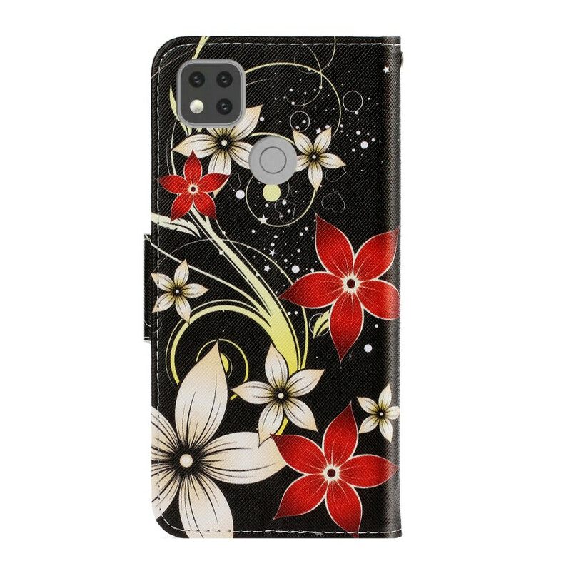 δερματινη θηκη Xiaomi Redmi 9C με κορδονι Πολύχρωμα Λουλούδια Με Λουράκι
