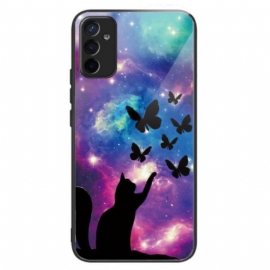 Θήκη Samsung Galaxy M13 Γάτα Και Πεταλούδες Από Σκληρυμένο Γυαλί