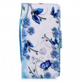 δερματινη θηκη Huawei P Smart με κορδονι Μπλε Πεταλούδες Και Λουλούδια Με Λουράκι