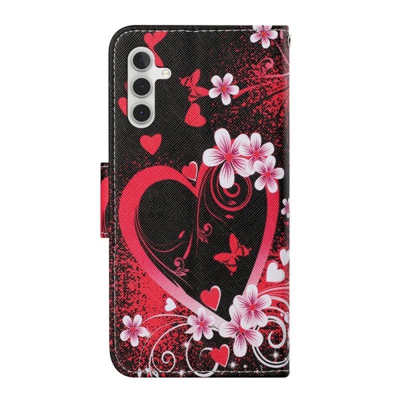δερματινη θηκη Samsung Galaxy A54 5G Λουλούδια Και Καρδιές Με Κορδόνι