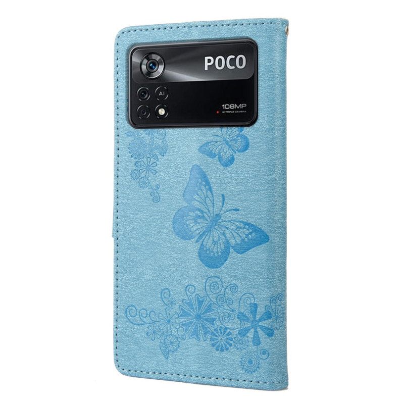 δερματινη θηκη Poco X4 Pro 5G με κορδονι Όμορφες Πεταλούδες Με Λουράκι