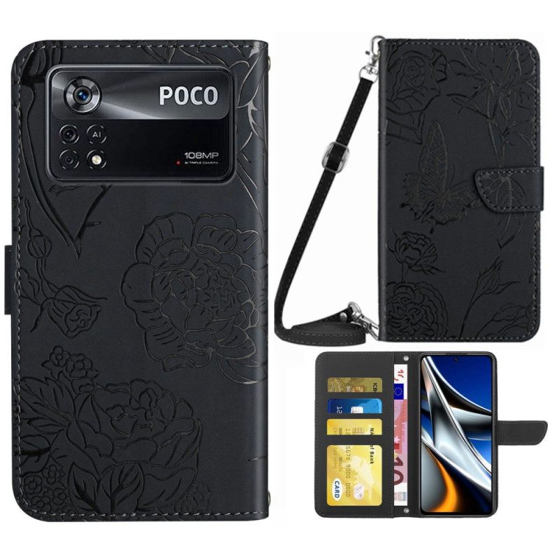 Κάλυμμα Poco X4 Pro 5G Πεταλούδες Με Ιμάντα Ώμου