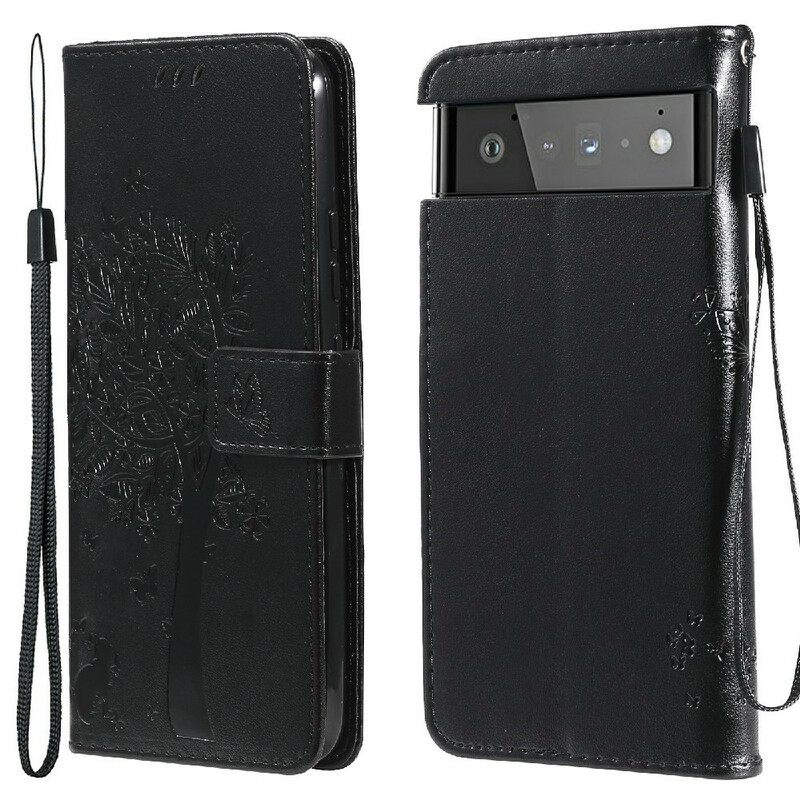Θήκη Flip Google Pixel 6 με κορδονι Δέντρο Και Strappy Kitten