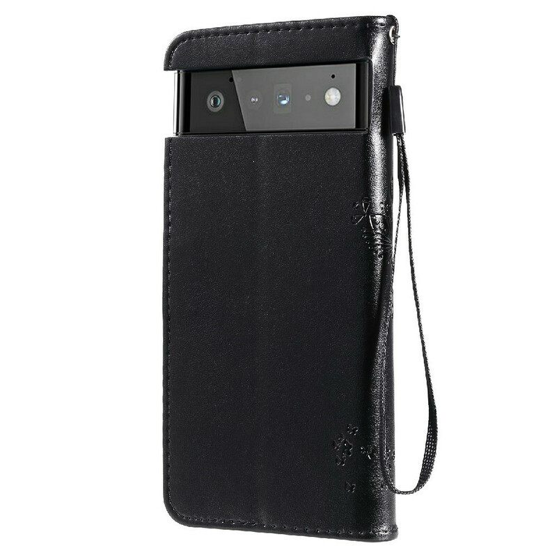 Θήκη Flip Google Pixel 6 με κορδονι Δέντρο Και Strappy Kitten