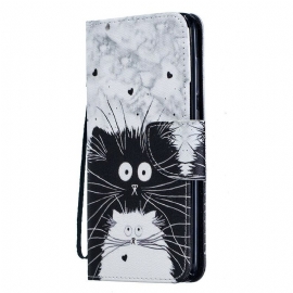 Θήκη Flip Samsung Galaxy A70 με κορδονι Λευκή Γάτα Μαύρη Γάτα Με Αφαιρούμενο Λουράκι