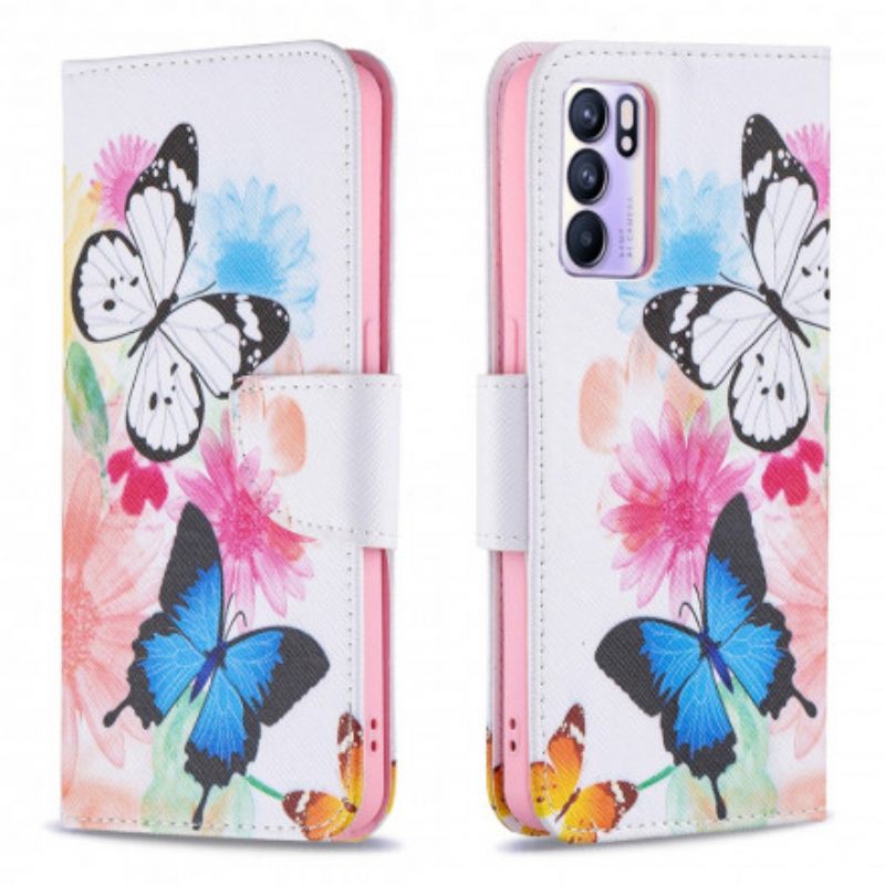Θήκη Flip Oppo Reno 6 5G Ζωγραφισμένες Πεταλούδες Και Λουλούδια