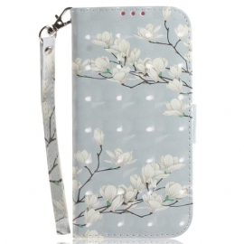 δερματινη θηκη OnePlus Nord 2T 5G με κορδονι Λουλούδια Magnolia Strap