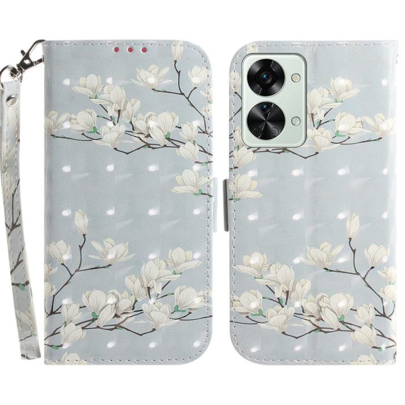 δερματινη θηκη OnePlus Nord 2T 5G με κορδονι Λουλούδια Magnolia Strap