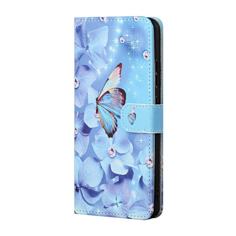 δερματινη θηκη Samsung Galaxy A13 5G με κορδονι Πεταλούδες Με Λουράκι Διαμαντιών