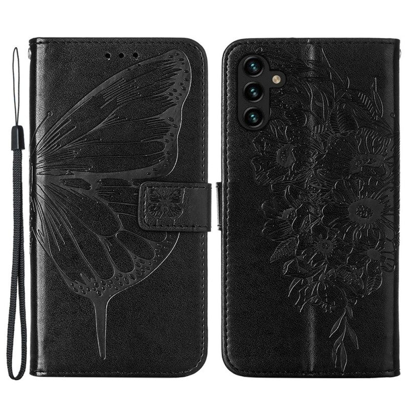 Θήκη Flip Samsung Galaxy A13 5G Σχέδιο Πεταλούδας Με Κορδόνι