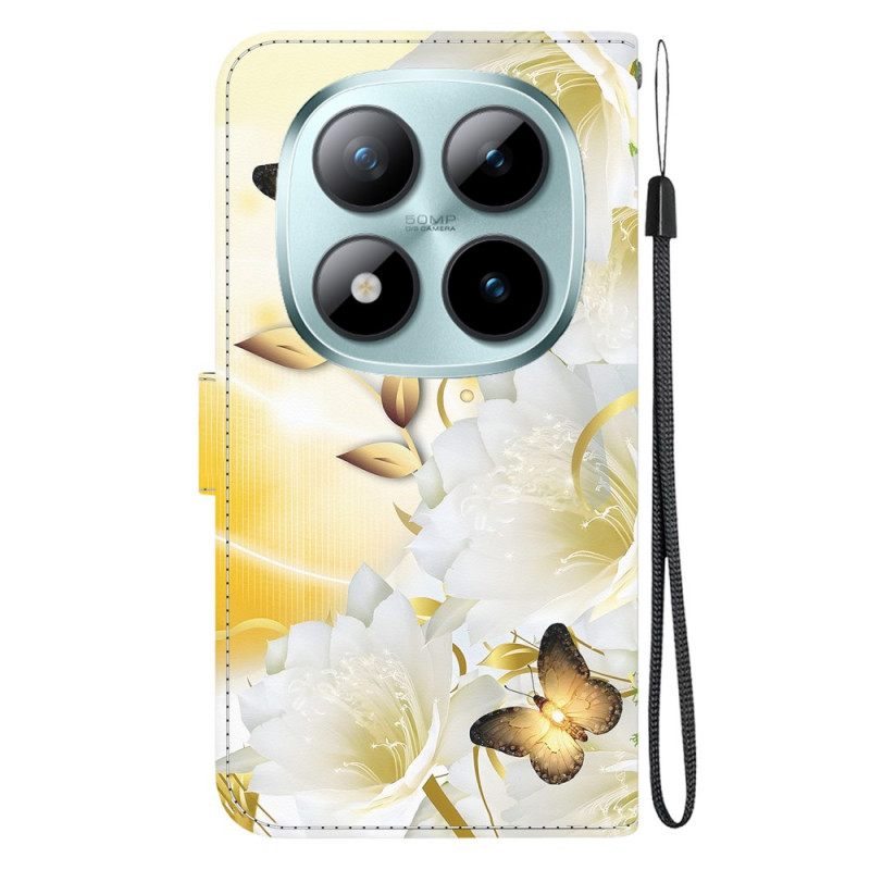 Δερματινη Θηκη Xiaomi Redmi Note 15 Pro 5g Χρυσές Πεταλούδες Και Λευκά Λουλούδια Σιλικόνης