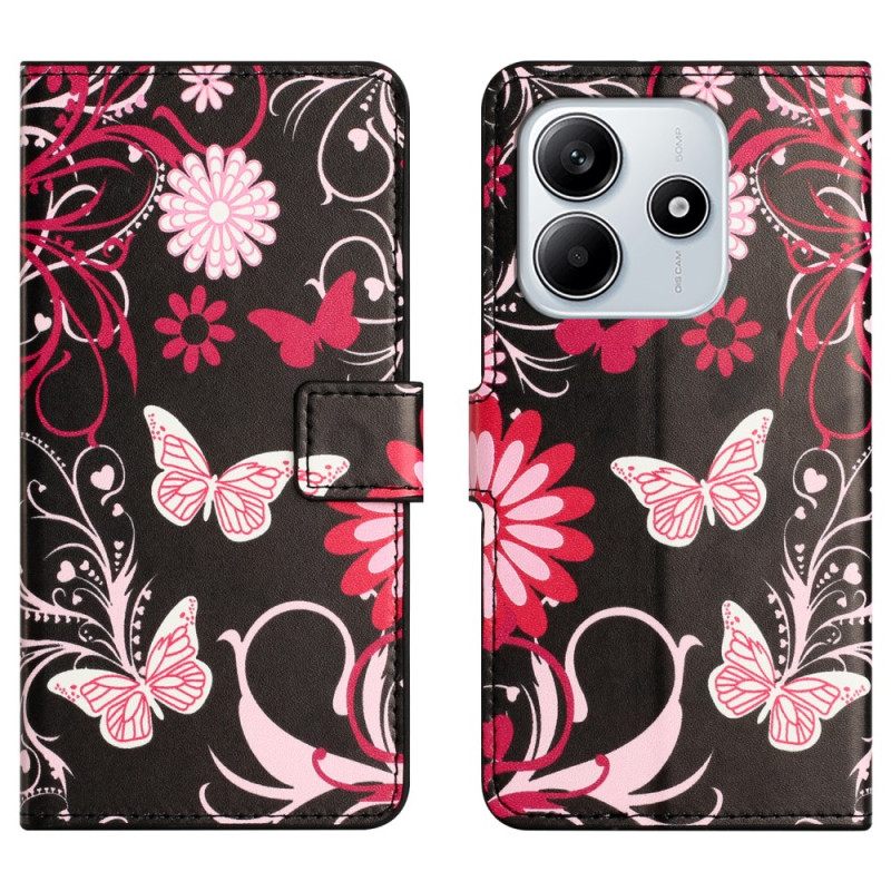 Δερματινη Θηκη Xiaomi Redmi Note 14 4g Πεταλούδες Σε Μαύρο Φόντο
