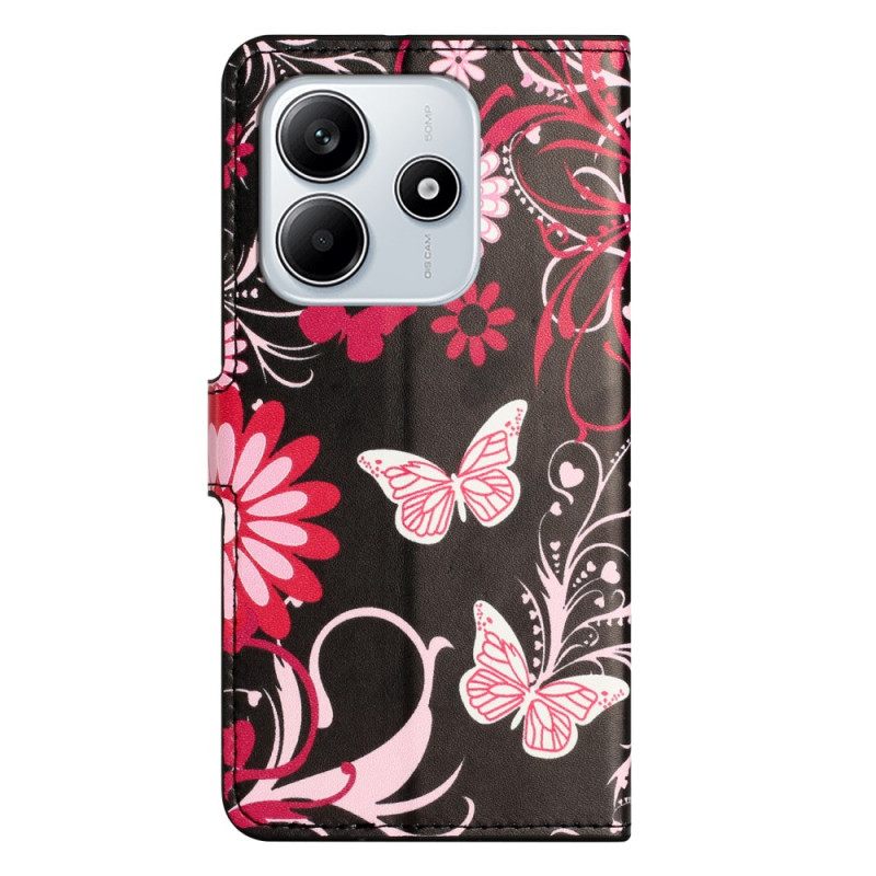 Δερματινη Θηκη Xiaomi Redmi Note 14 4g Πεταλούδες Σε Μαύρο Φόντο