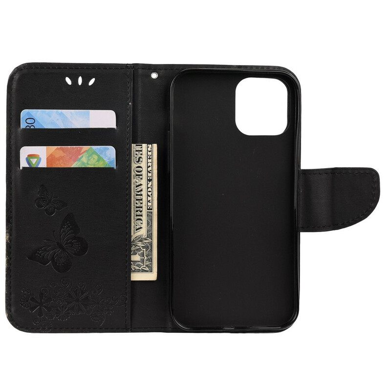 δερματινη θηκη iPhone 12 Mini με κορδονι Υπέροχες Πεταλούδες Με Λουράκια
