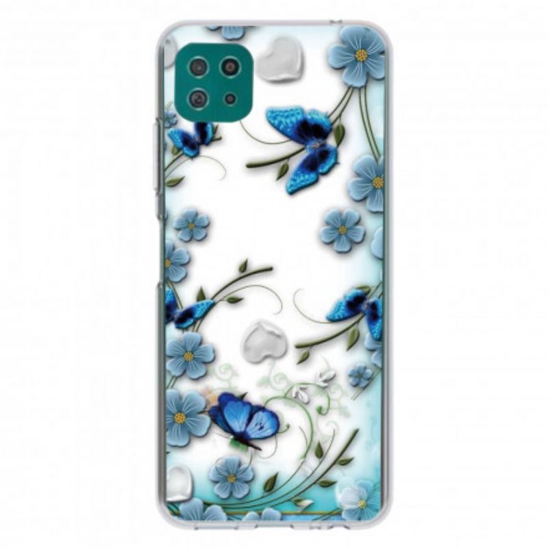 Θήκη Samsung Galaxy A22 5G Διαφανείς Πεταλούδες Και Ρετρό Λουλούδια