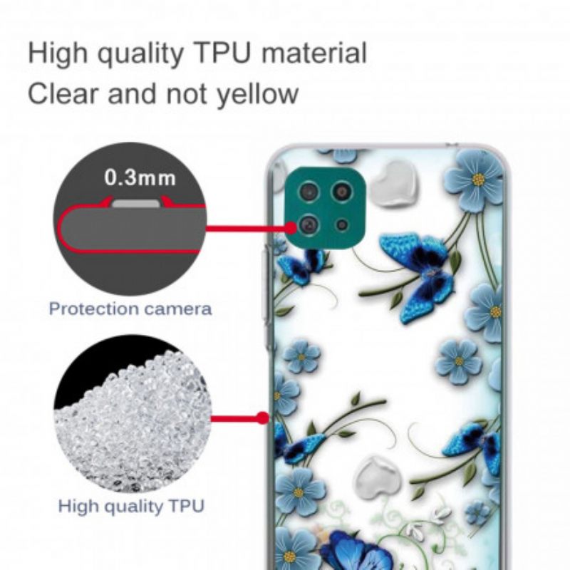 Θήκη Samsung Galaxy A22 5G Διαφανείς Πεταλούδες Και Ρετρό Λουλούδια