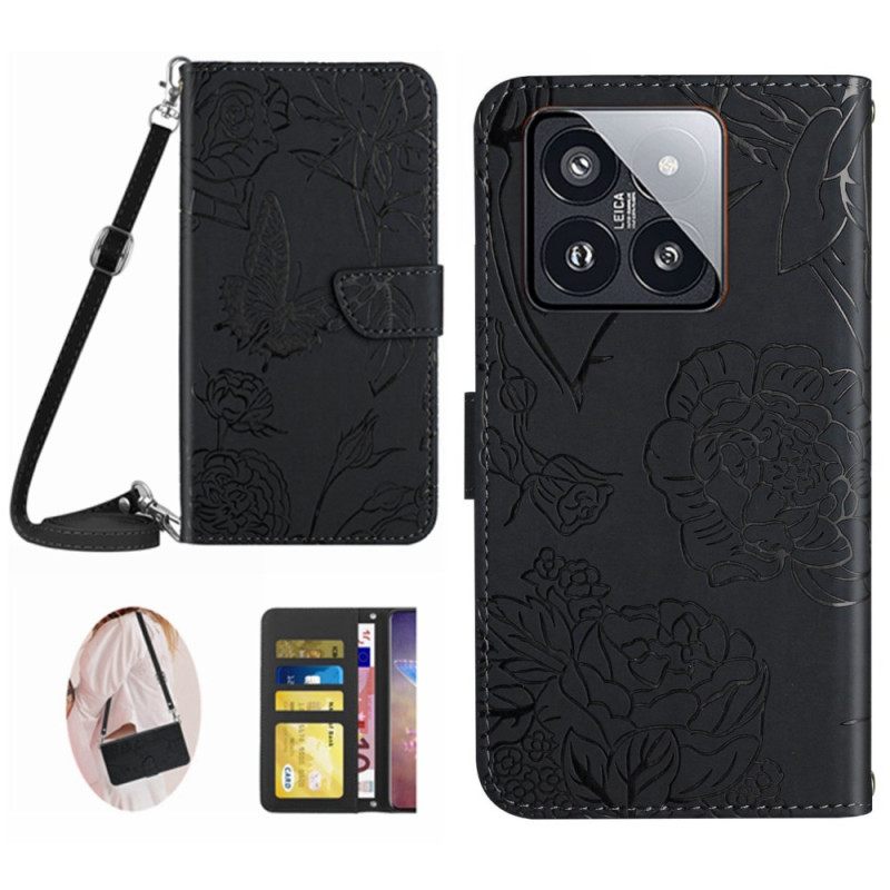 Δερματινη Θηκη Xiaomi 14 Pro Λουράκι Ώμου Με Στάμπα Πεταλούδας