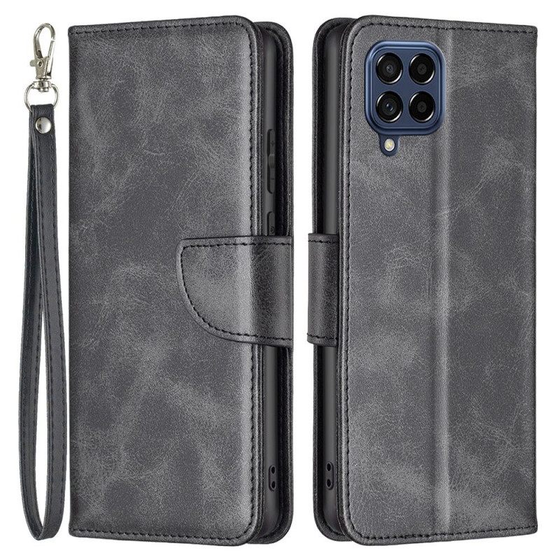 Θήκη Flip Samsung Galaxy M53 5G Λοξό Κούμπωμα Με Λουράκι