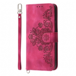 Δερματινη Θηκη Poco C75 Δαντέλα Με Εφέ Σουέτ Με Λουράκι Και Λουράκι Ώμου