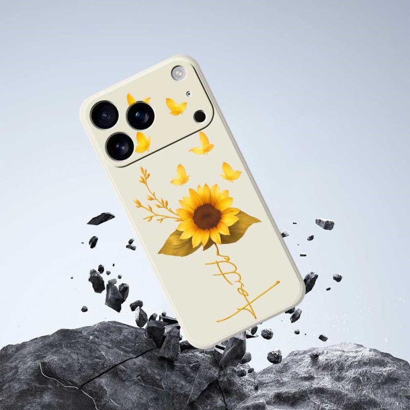 Κάλυμμα iPhone 17 Pro Ηλιοτρόπιο Και Πεταλούδες Από Υγρή Σιλικόνη Σιλικόνης