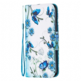 Κάλυμμα iPhone 12 / 12 Pro με κορδονι Πεταλούδες Και Λουλούδια Μπλε Λουράκι