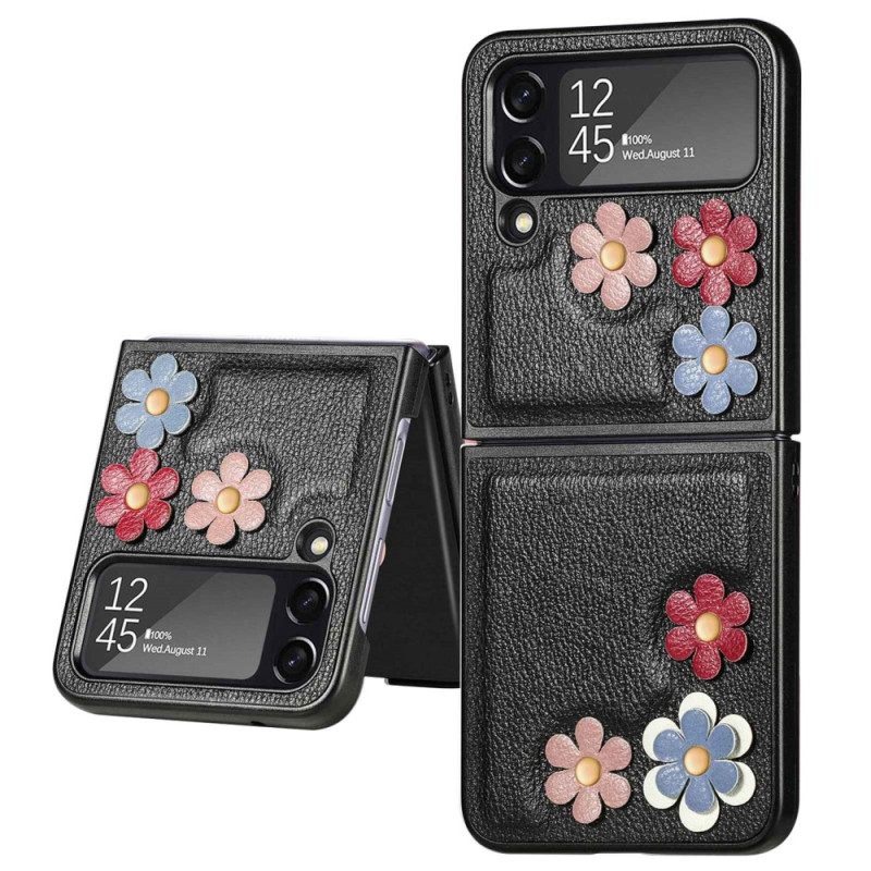 Θήκη Samsung Galaxy Z Flip 4 Θήκη Flip Απομιμήσεις Δερμάτινων Λουλουδιών