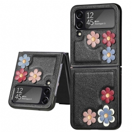 Θήκη Samsung Galaxy Z Flip 4 Θήκη Flip Απομιμήσεις Δερμάτινων Λουλουδιών