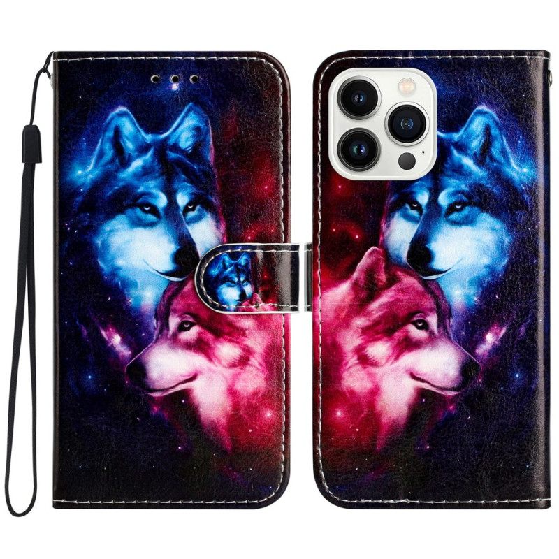 Δερματινη Θηκη iPhone 16 Pro Max Ζευγάρι Λύκων Με Ιμάντες
