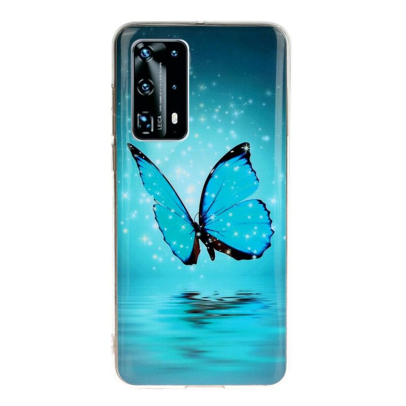 θηκη κινητου Huawei P40 Pro Φθορίζουσα Μπλε Πεταλούδα