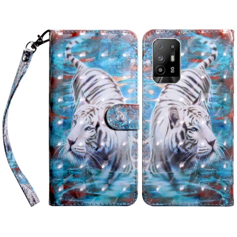 Κάλυμμα Oppo A94 5G Tiger Faux Leather Με Λουράκι