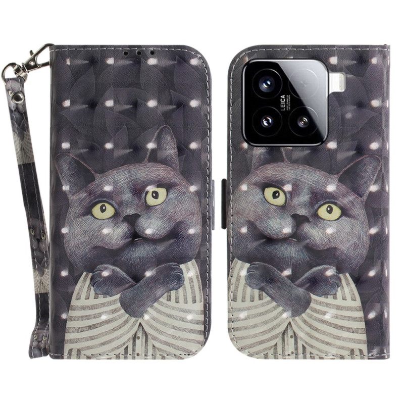 Δερματινη Θηκη Xiaomi 15 Γκρι Γάτα Με Λουρί